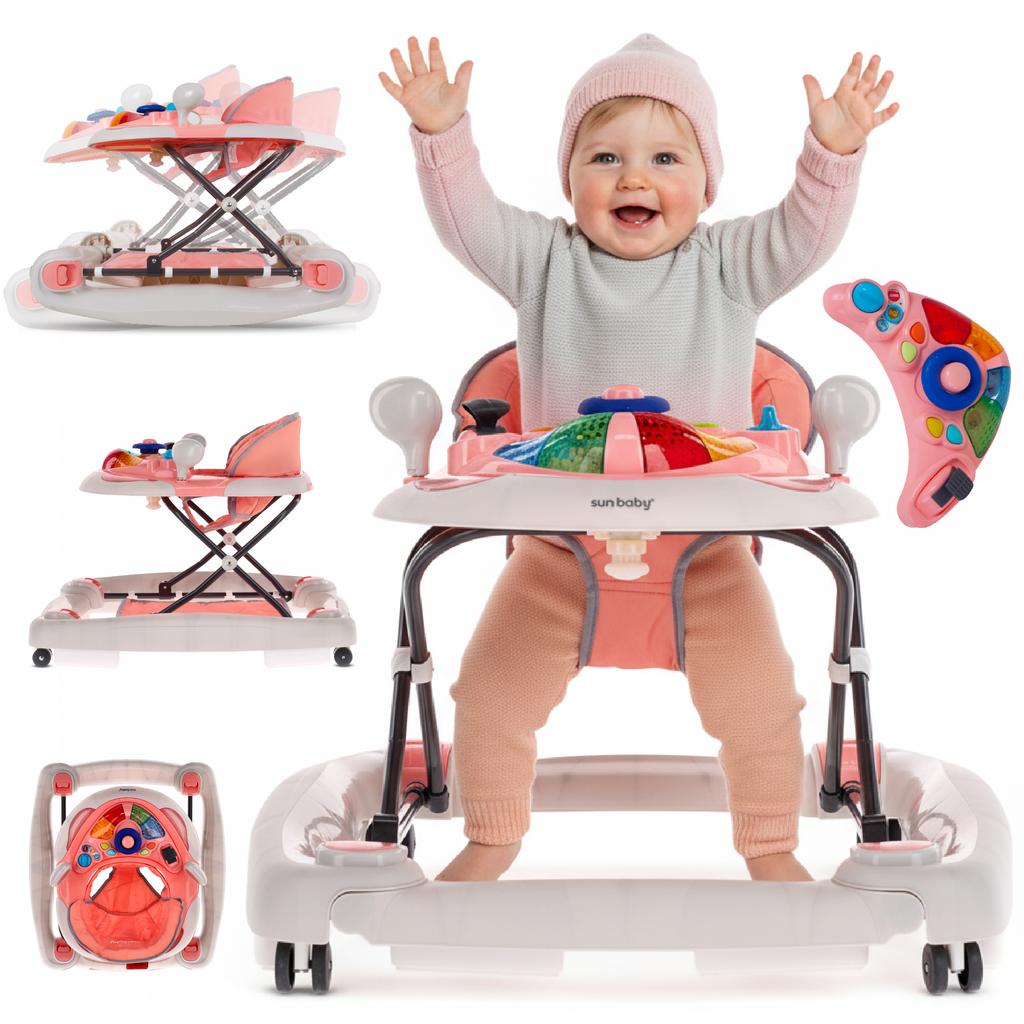 Sun Baby Grand Prix 2-in-1 Interactive Baby Walker and Rocking Cradle Pink and Gray