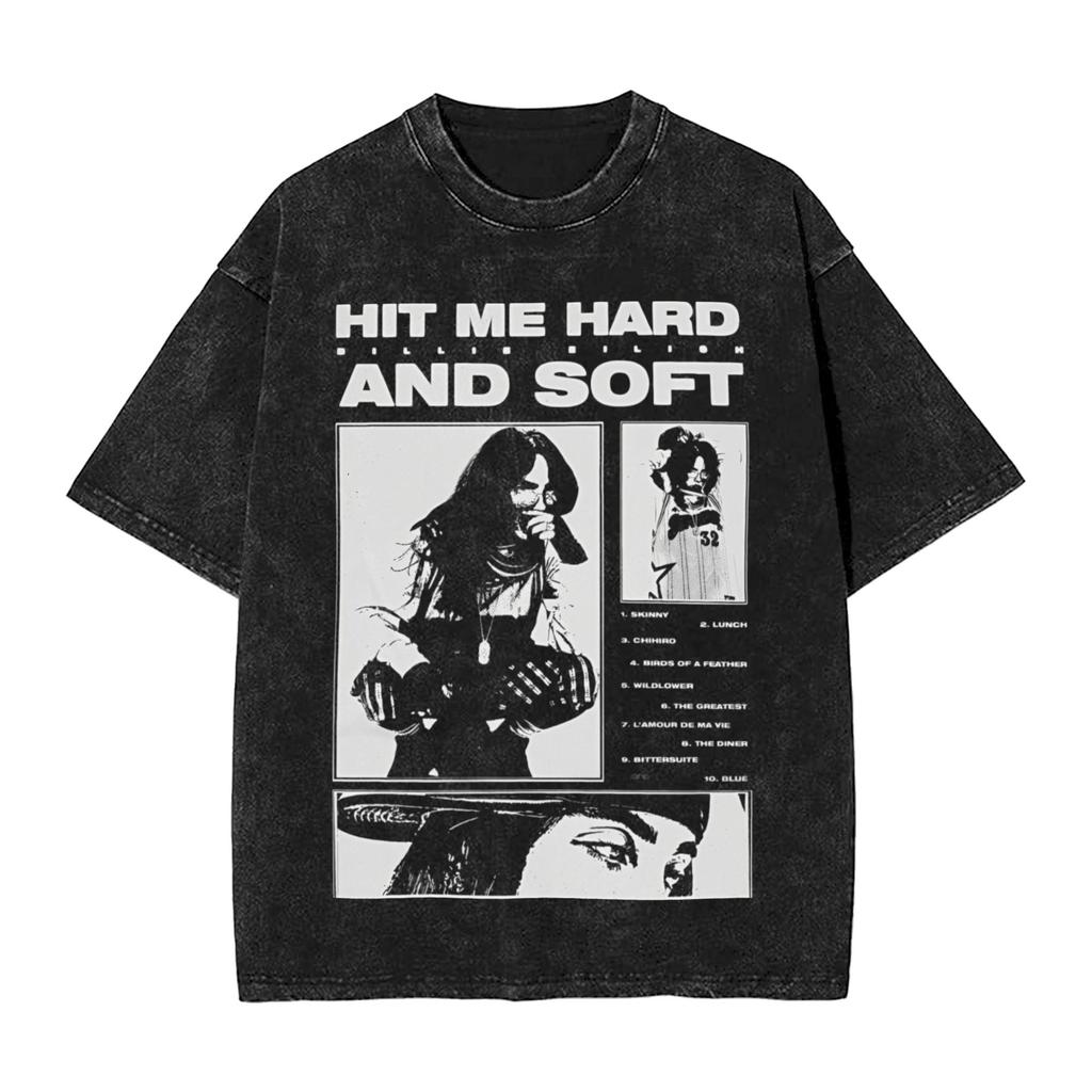 Singer BBillieGirl Eeilish Music Vintage Washed T Shirt Unisex Cotton Clothes Printed Round Neck Short Sleeve