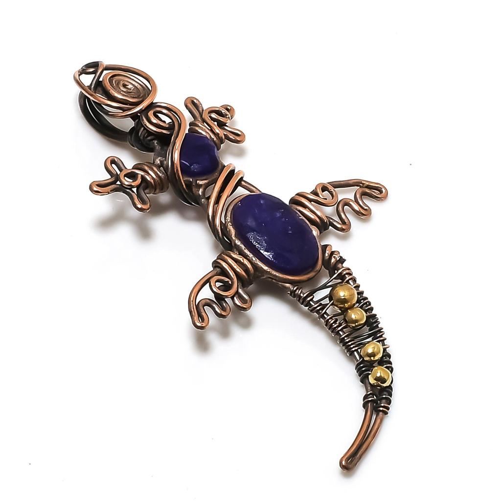 Кулон с синим сапфиром, Кулон с драгоценным камнем ручной работы, Кулон, обернутый медной проволокой 999 пробы, Антикварное украшение, Для подарка на помолвку