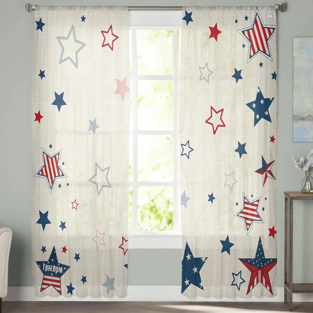 Independence Day Pentagram Sheer Window Curtains For Living Room Kitchen Children Bedroom Voile Hanging Curtain
