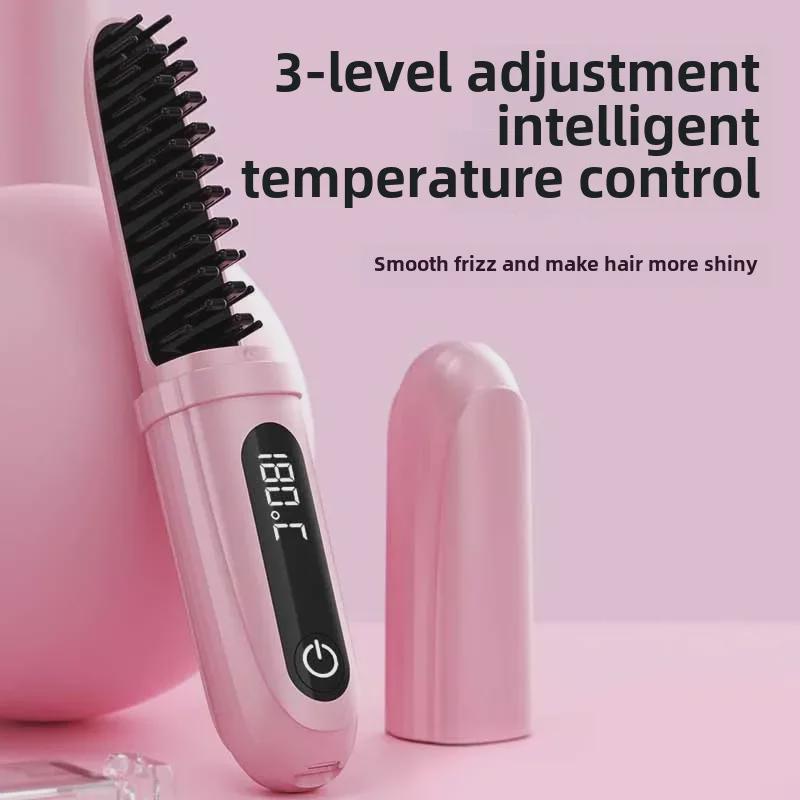 Беспроводная расческа для волос с отрицательными ионами: Двойное применение: выпрямление и завивка, безопасно для сухих и влажных волос, портативное и не повреждает волосы.