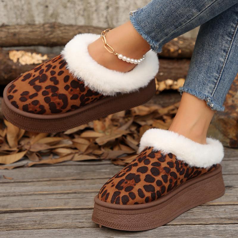 Мода Модные зимние ботинки на платформе с леопардовым принтом для женщин, удобные зимние ботинки из искусственного меха, женские нескользящие теплые ботильоны на толстой подошве 2024