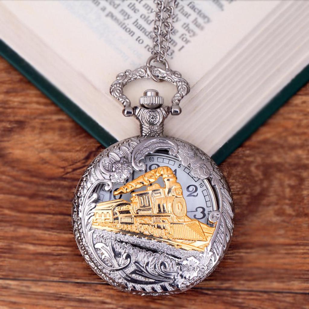 Vintage Steam Train Antique Chain Quartz Locomotive Pendant Pocket Watch Gift