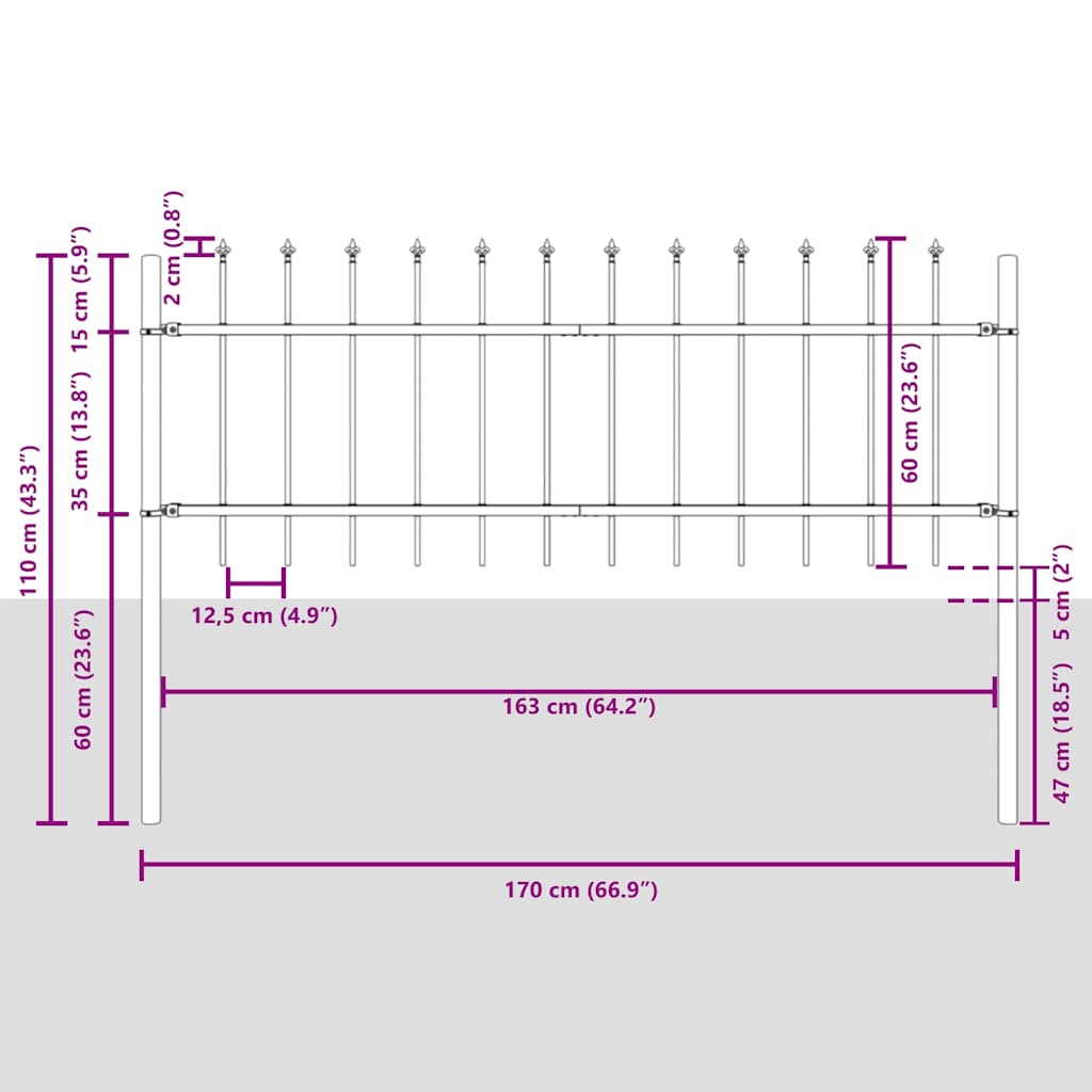 Garden Fence Panel Set 5 pcs Gray 8.5 x 0.6 m Powder Coated Steel