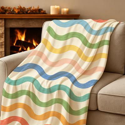 1pc Vintage Macaron Color Wavy Stripe Flannel Blanket Soft and Comfortable Single-sided Print Suitable for All Seasons Perfect for