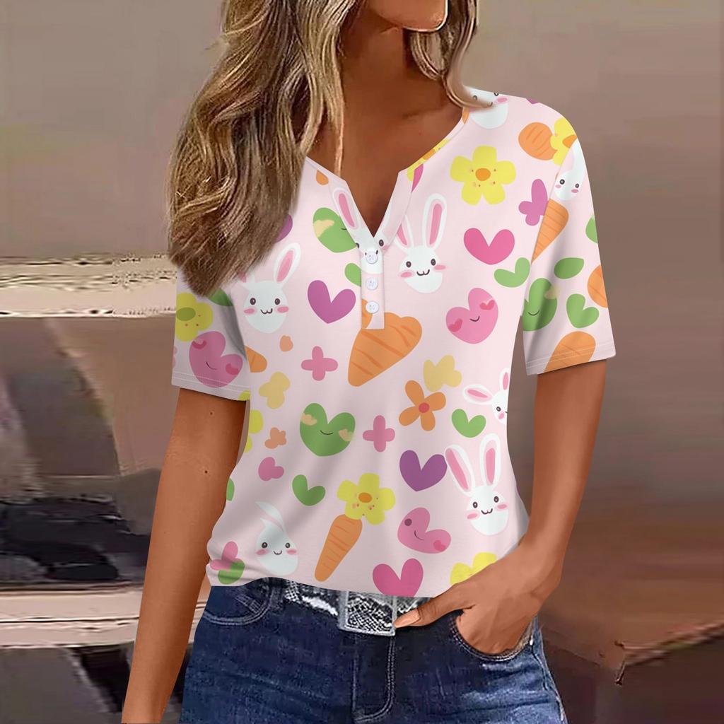 Women's T Shirt Print Button Short Sleeve Daily Weekend Fashion Basic V-Neck Regular Top