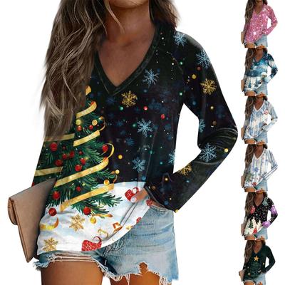 Женская футболка с длинным рукавом и V-образным вырезом с рождественским принтом, повседневные базовые топы