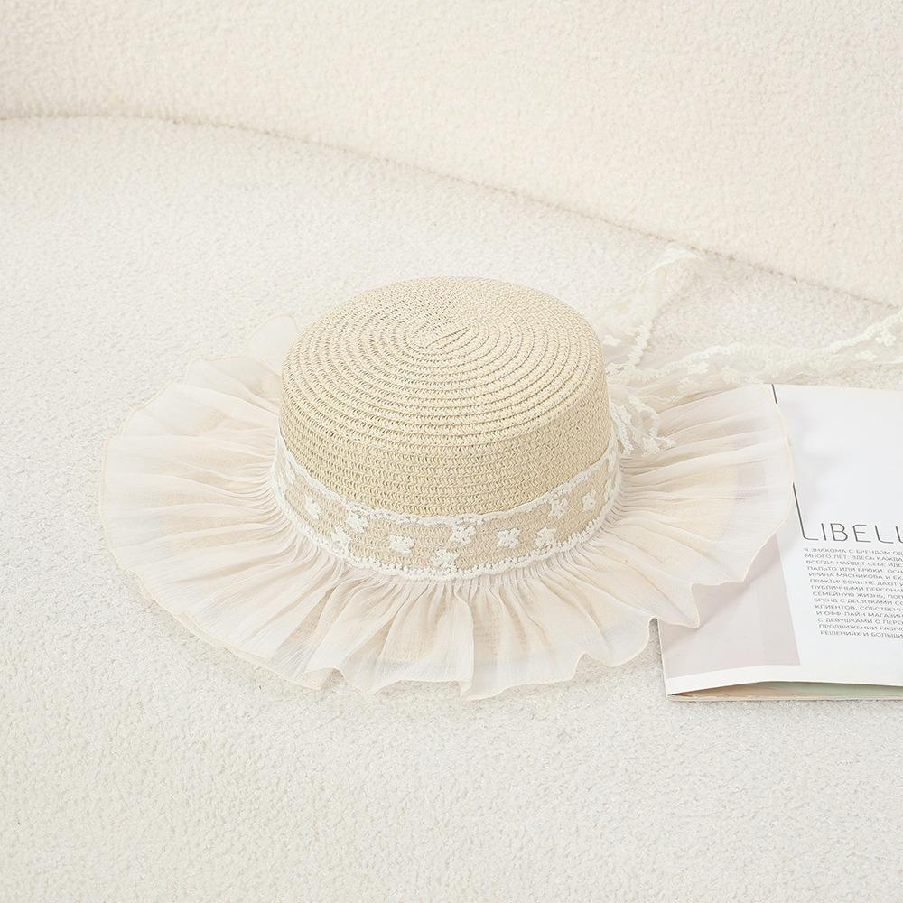 Lace Flower Straw Hat Breathable Material Solid Fringe Beach Straw Hat Extended Brim Elegant Style Wide Brim Sun Hat