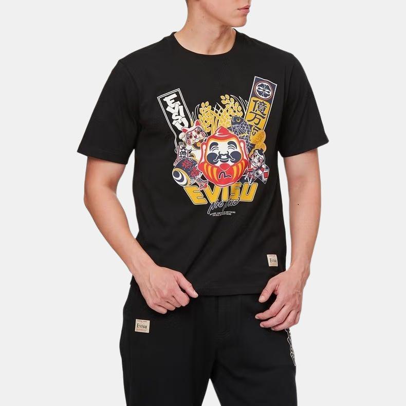 Evisu Мужская футболка с принтом "Голова Будды и Оригинальный Объект" Черная 2ESHTM1TS621XX