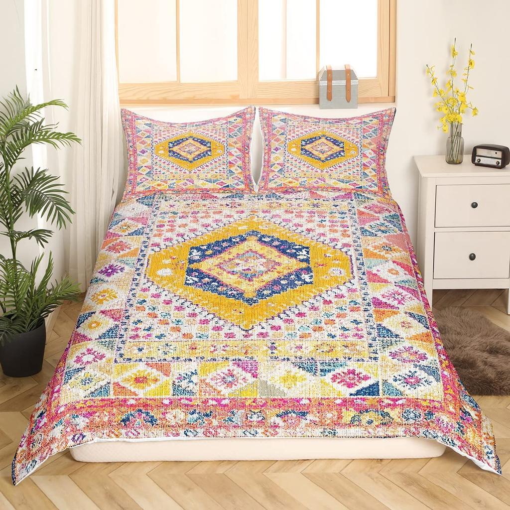 Ethnic Bright Floral Duvet Cover Queen King Size Boho Botanical Bedding Set Geometric Abstract Quilt Cover Bedroom Decor 3 Pcs