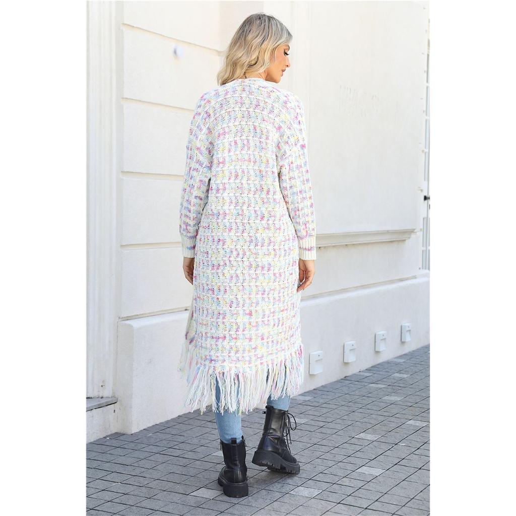 Women Plaid Open Front Long Cardigan Colorful Tassel Hem Long‑sleeve Knit Coat Casual Loose Maxi Outerwear For Ladies