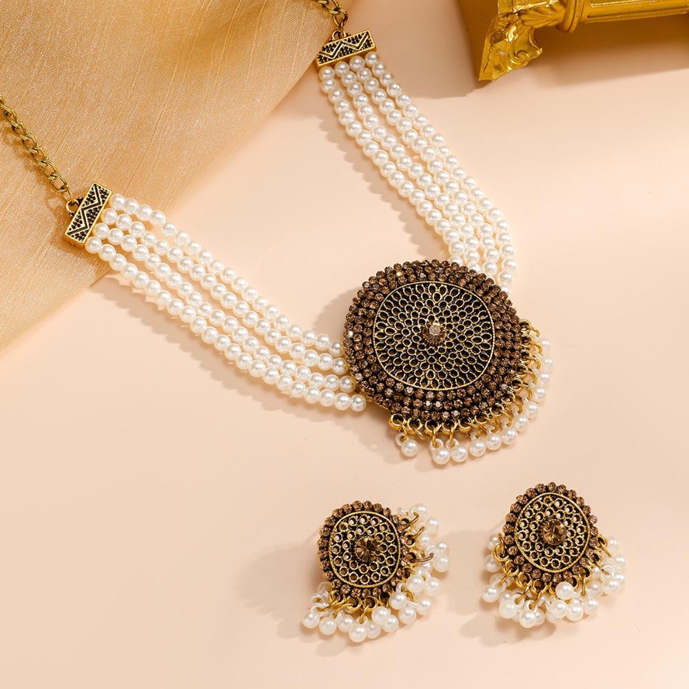 Luxury Retro Jewelry Set Tassel Choker Necklace Set Fashion Rhinestone Necklace Earrings Ladies