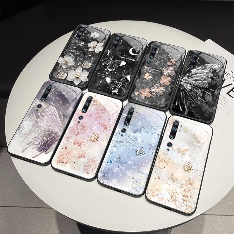 Tempered Glass Hard Phone Case For Xiaomi Mi Note 10 CC9 CC9E 9T 9 SE Lite A3 Redmi K20 Pro Luxury Butterfly Shockproof Cover