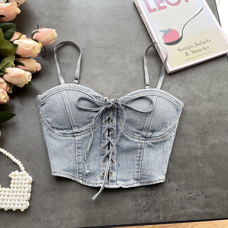 Pure Desire Sexy Denim Camisole Female Sexy with Breast Pad Slim-Fit All-Matching Short Beauty Back Chic Tied Top