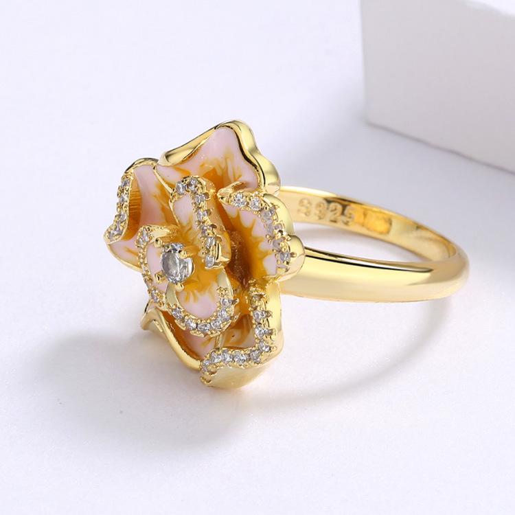 Enamel Jewelry Noble Gold Floral Zircon Flower Ring Bride Jewelry Handmade Glue