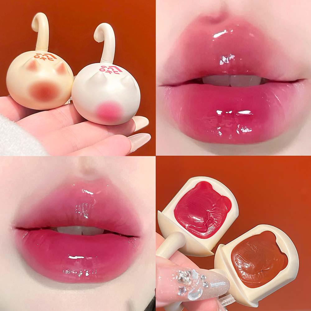 Peach Pink Solid Lip Gloss with Lips Brush Mirror Water Light Tint Lip Glaze Glass Jelly Lipstick Moisturizing Nourishing Makeup