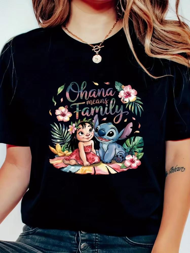 2026 New Lily Cartoon Pattern Ohana Means Home Design Print High Quality Fashion WoUnisex Loose Plus Size Short Sleeve