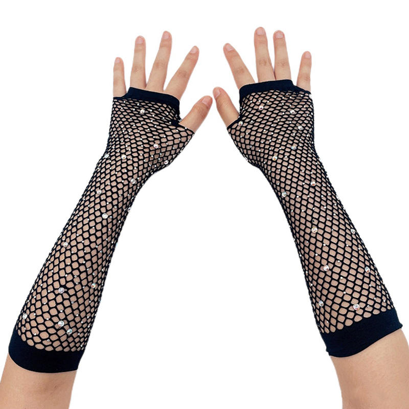 Party Fishnet Sleeves Women Sheer Gloves Elastic Cuffs Dancing Mesh Retro Club Sexy Diamond Long Arm Sleeve Shiny Gloves