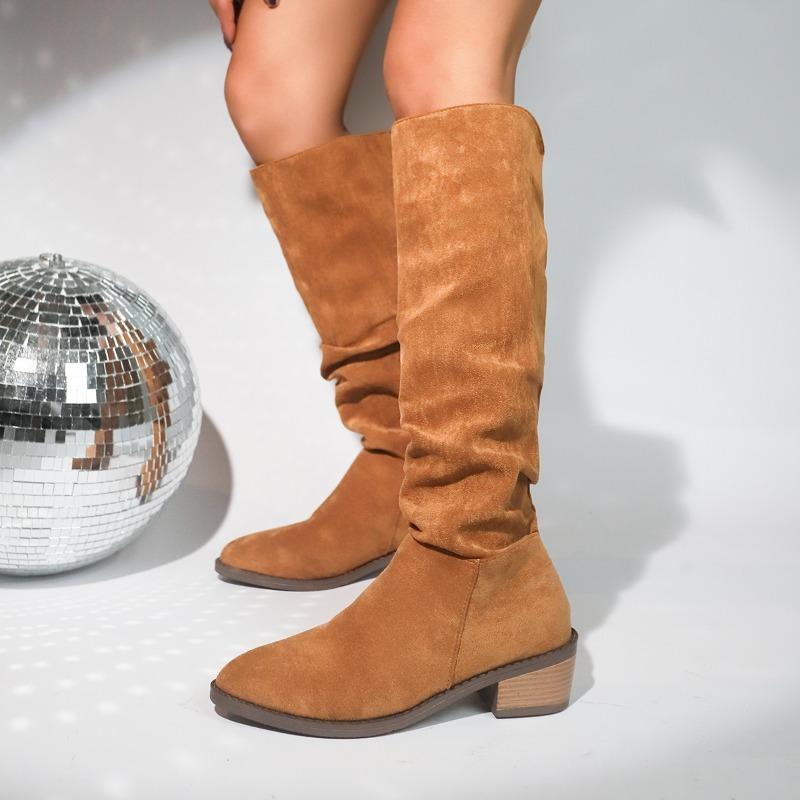 Retro Women Mid Calf Boots Retro Low Heels Solid Color Women Shoes Pointed Toe Rome Females Knight Boots Botas De Mujer