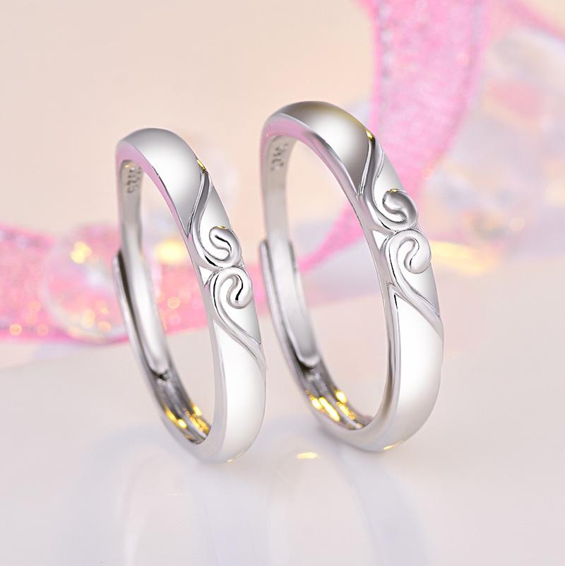 2PCS 925 Sterling Silver Ring Adjustable Open Couple Engagement Rings for Women Men Wedding Ring Party Fashion Jewelry Gift