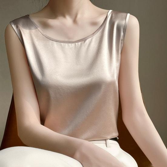 Women Summer Vest Round Neck Sleeveless Smooth Satin Vest Regular Fit Tank Tops Casual Camisole Clubs Daily Wear