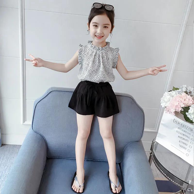 Комплект детской одежды из 2 предметов, весенне-летние костюмы для девочек, топы в полоску без рукавов с принтом + брюки, комплект одежды