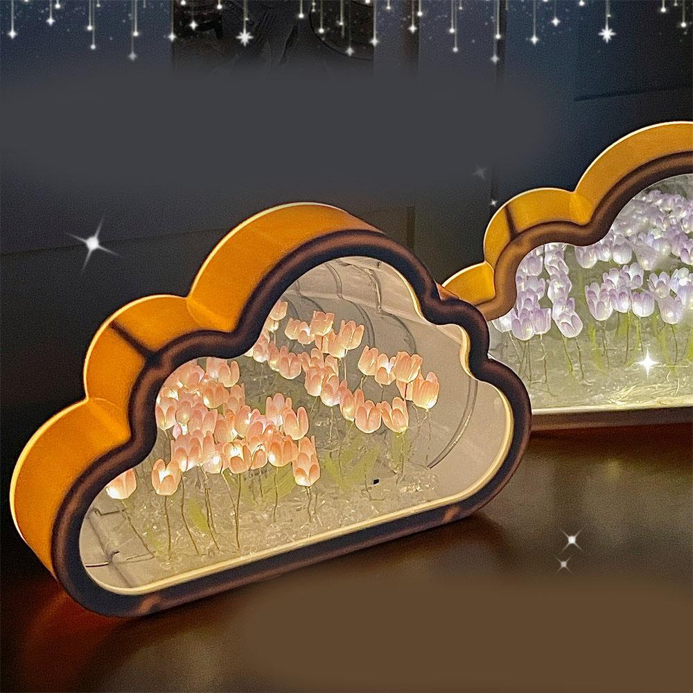 Tulip Cloud Mirror Night Lights 20 Pink Flowers Plastic Built In Batteries DIY Cloud Mirror Tulip