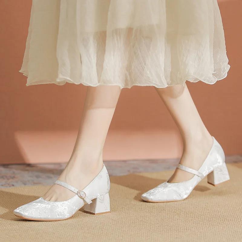 Весенние женские туфли на высоком каблуке с квадратным носком, туфли-лодочки Мэри Джейн, летние атласные туфли для вечеринки, свадебные женские однотонные элегантные туфли, zapatos mujer