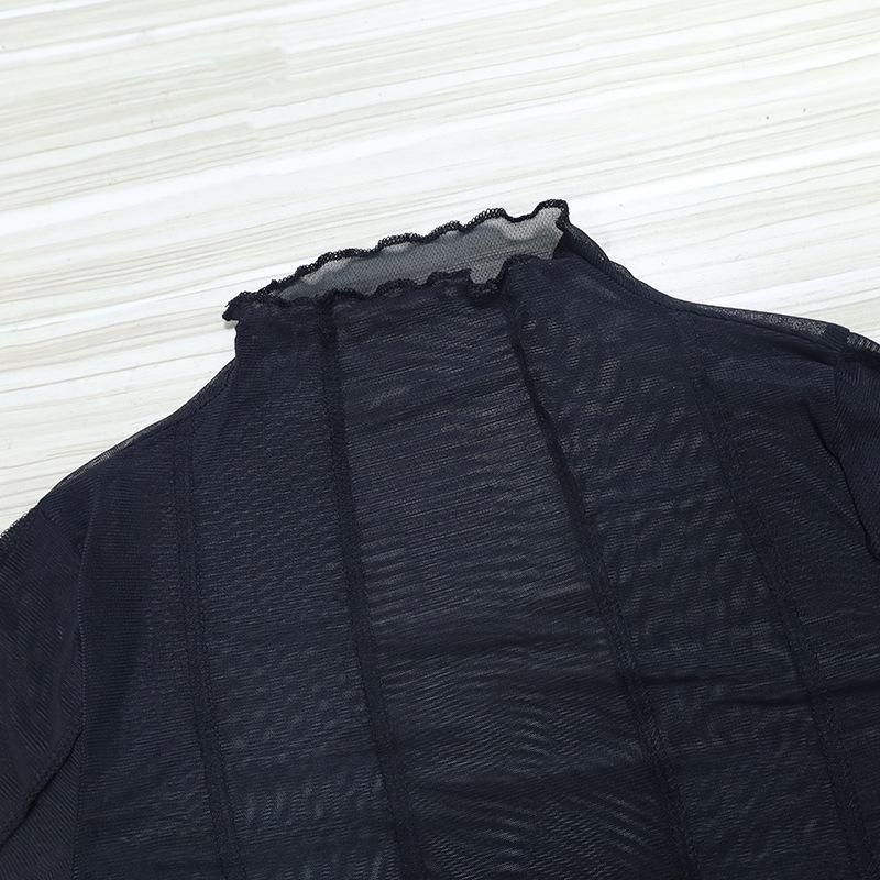 European Style Women's Sexy Round Neck Long Sleeve Mesh See-Through Cropped Top, 2026 Collection.