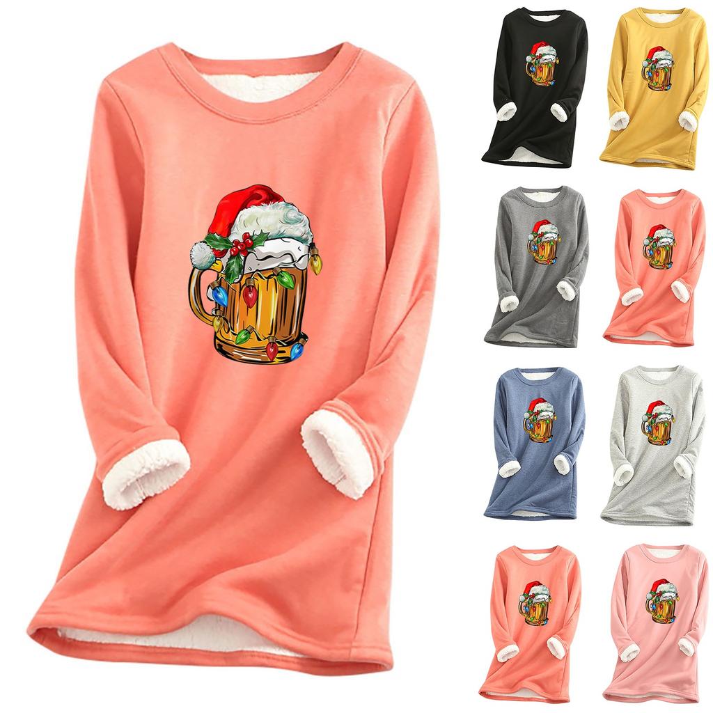 Женский круглый вырез с принтом из утолщенного плюша и кашемира, теплый длинный топ