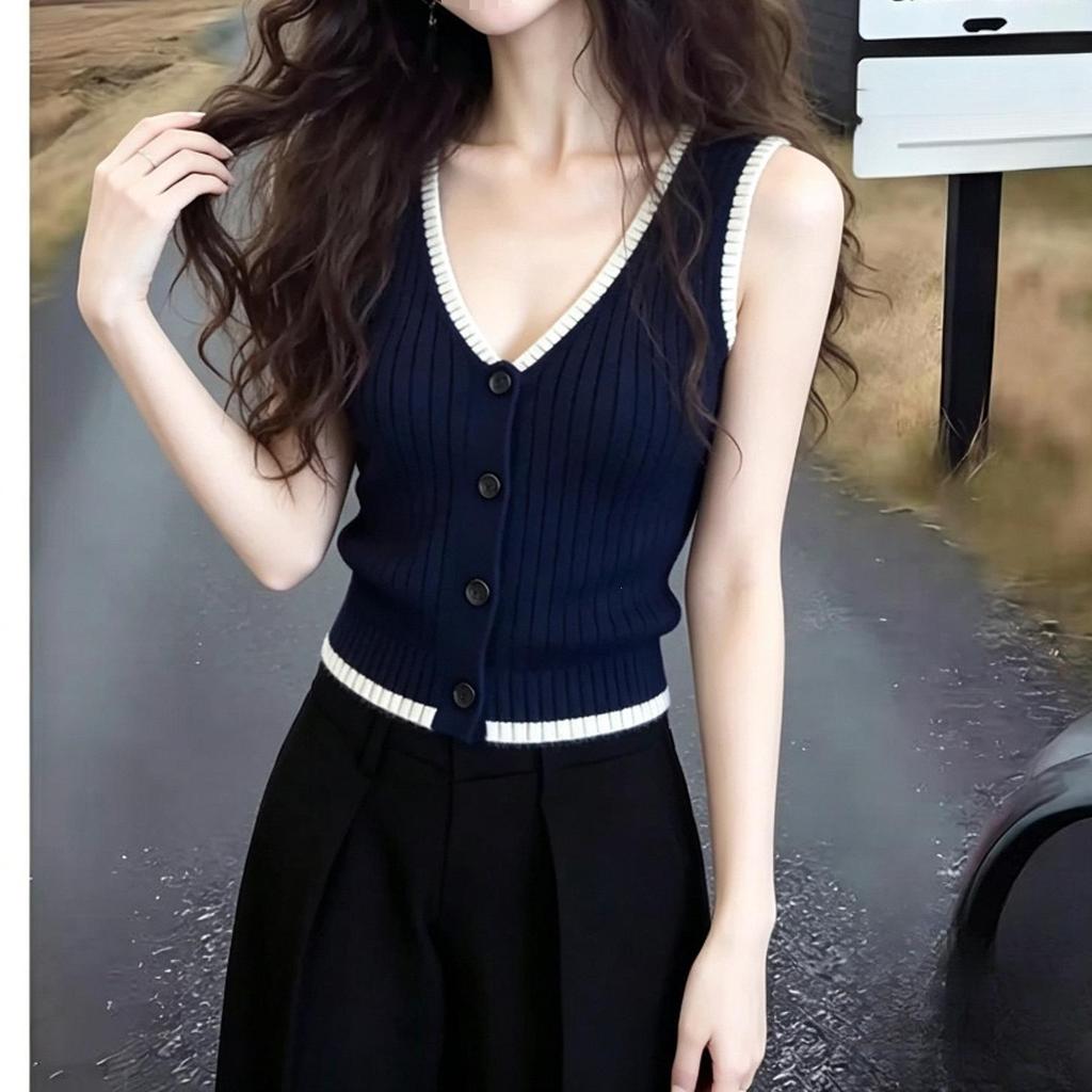 Women's Summer Sleeveless Color-Block Knit Vest: French Style Slim Fit with Ice Silk Base Layer