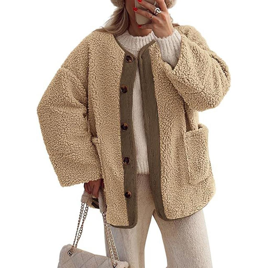 Women's Solid Color Collarless Casual Long Sleeved Button Down Plush Lamb Wool Jacket Jacket