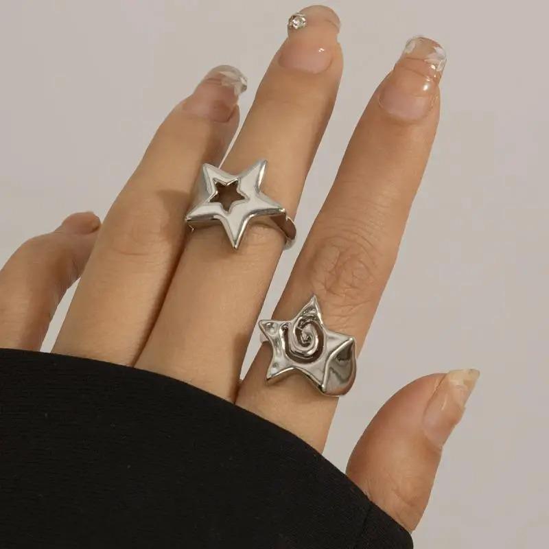 Y2K Trendy Star Парные кольца Набор для женщин и мужчин Регулируемое открывающееся кольцо Панк-вечеринка Ювелирные изделия Индивидуальные металлические аксессуары 2 шт.