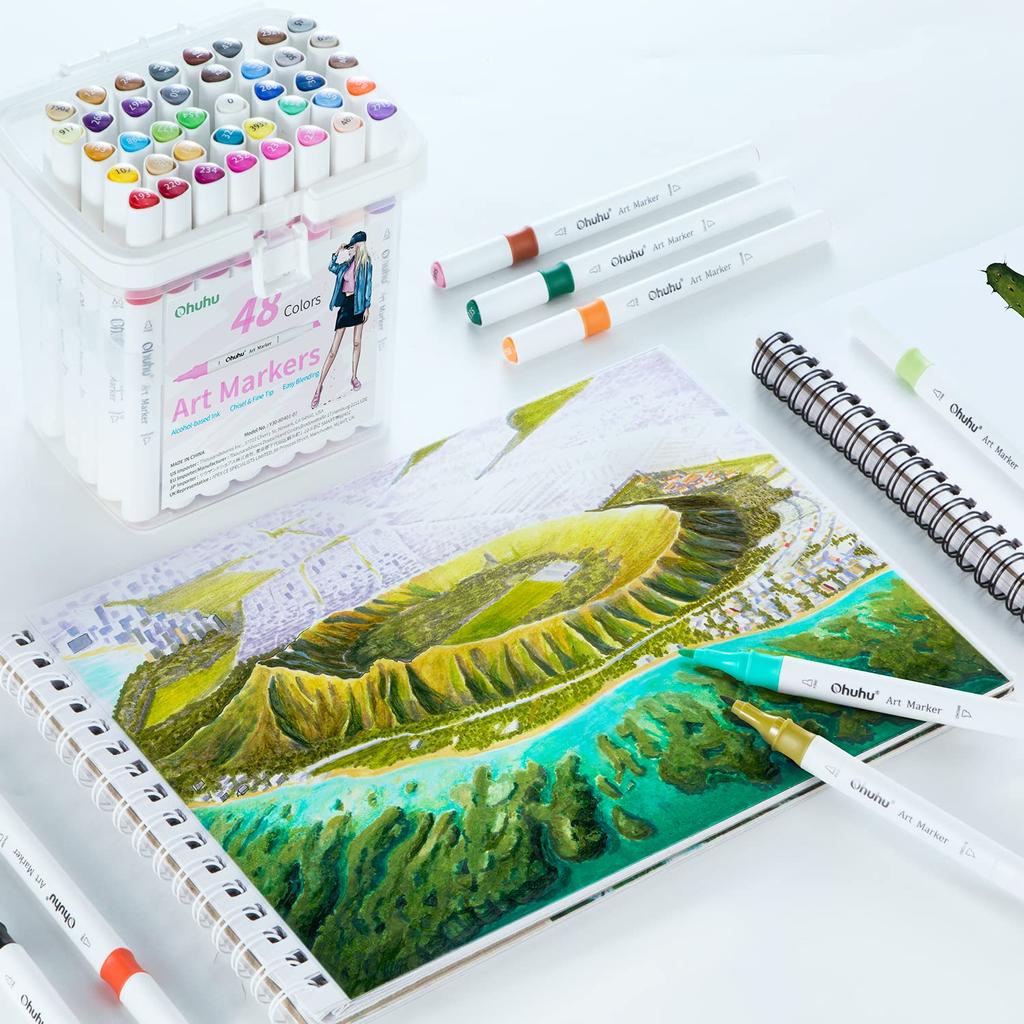 Ohuhu Иллюстрация 47 48 Толстые и тонкие треугольные маркеры Художественные принадлежности Включает в себя блендер Спирт Набор маркеров, Цвета, Части, Профессиональные, Начинающие,
