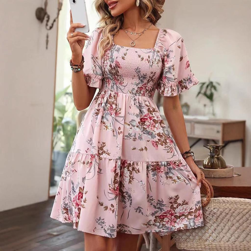 Женское летнее повседневное платье с коротким рукавом и воротником-стойкой с цветочным принтом для вечеринки