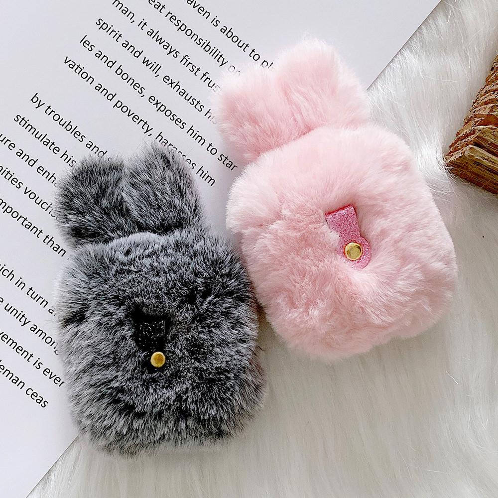 Мягкий меховой чехол с кроличьими ушками для AirPods 1 2, пушистая коробка с беспроводной зарядкой и карабином, плюшевый чехол для Airpods Pro, защитный чехол