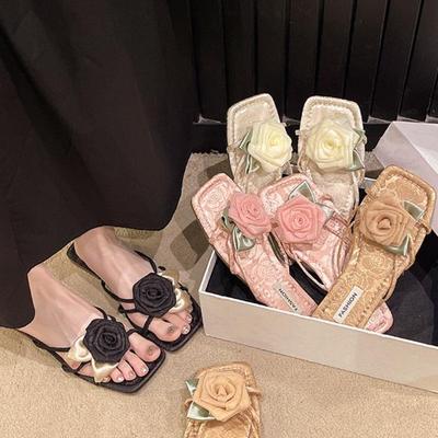 Модные французские шлепанцы с квадратным носком на плоской подошве с цветочной линией для женской обуви 2025 летняя верхняя одежда модные сандалии zapatos de mujer