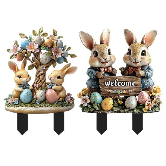 Easter Garden Stake 2D Acrylic Bunny Yard Decor Stake Cartoon Rabbit Colored Eggs Welcome Sign Stake Fairy Garden Accessories for Lawn Porch