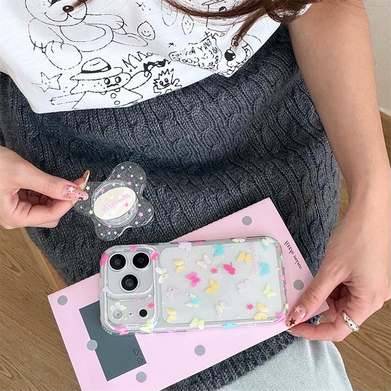 Shockproof Clear Phone Case For iPhone 14 15 16 17 Pro Max Colorful Butterfly Glitter With Pop Socket Large Window Fairy Cover