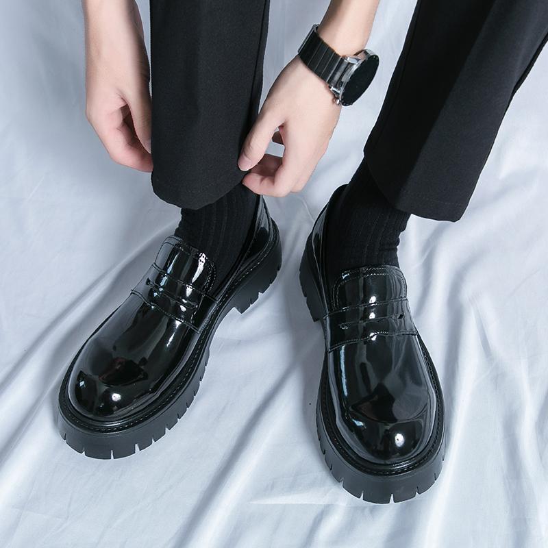 Модные новые мужские черные модные мокасины оригинальные лакированные кожаные круглые толстые туфли без застежек формальные мужские туфли деловые офисные кожаные туфли