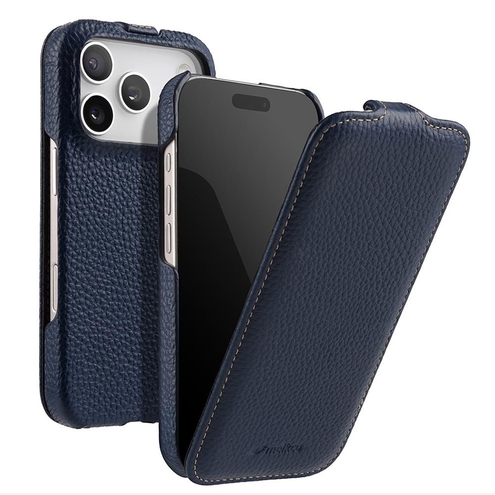 MELKCO For iPhone 17 Pro Case Compatible with MagSafe Vertical Flip Genuine Cow Leather+PC Phone Cover