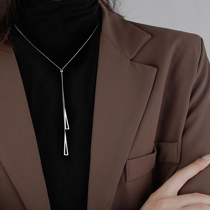 Ожерелье из стерлингового серебра 925 пробы с полым треугольником для женщин, цепочка для свитера, геометрическое ожерелье, ювелирные изделия, подарки