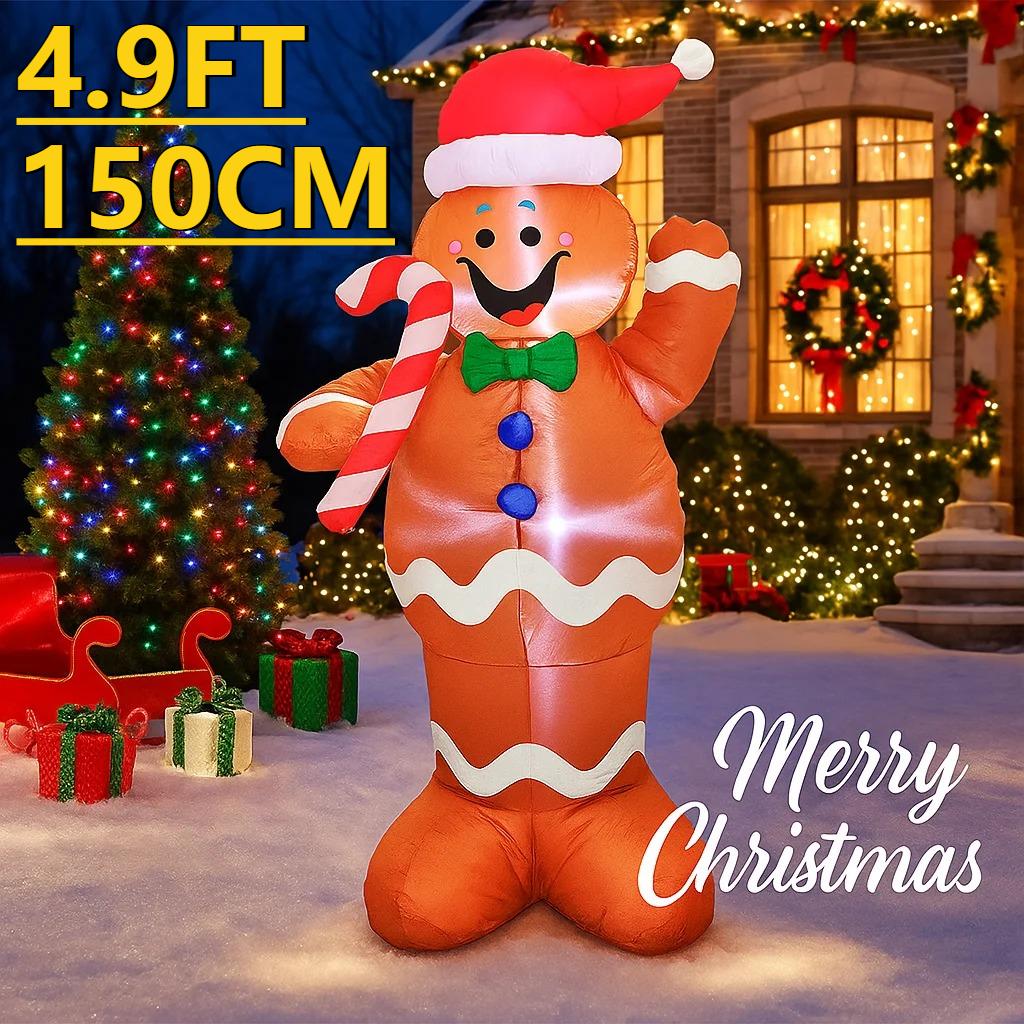 4.9FT LED Inflatable Xmas Yard Decor Gingerbread Man with Candy Cane Outdoor Lawn Garden Supplies Home Decor Ornaments Toy Gifts