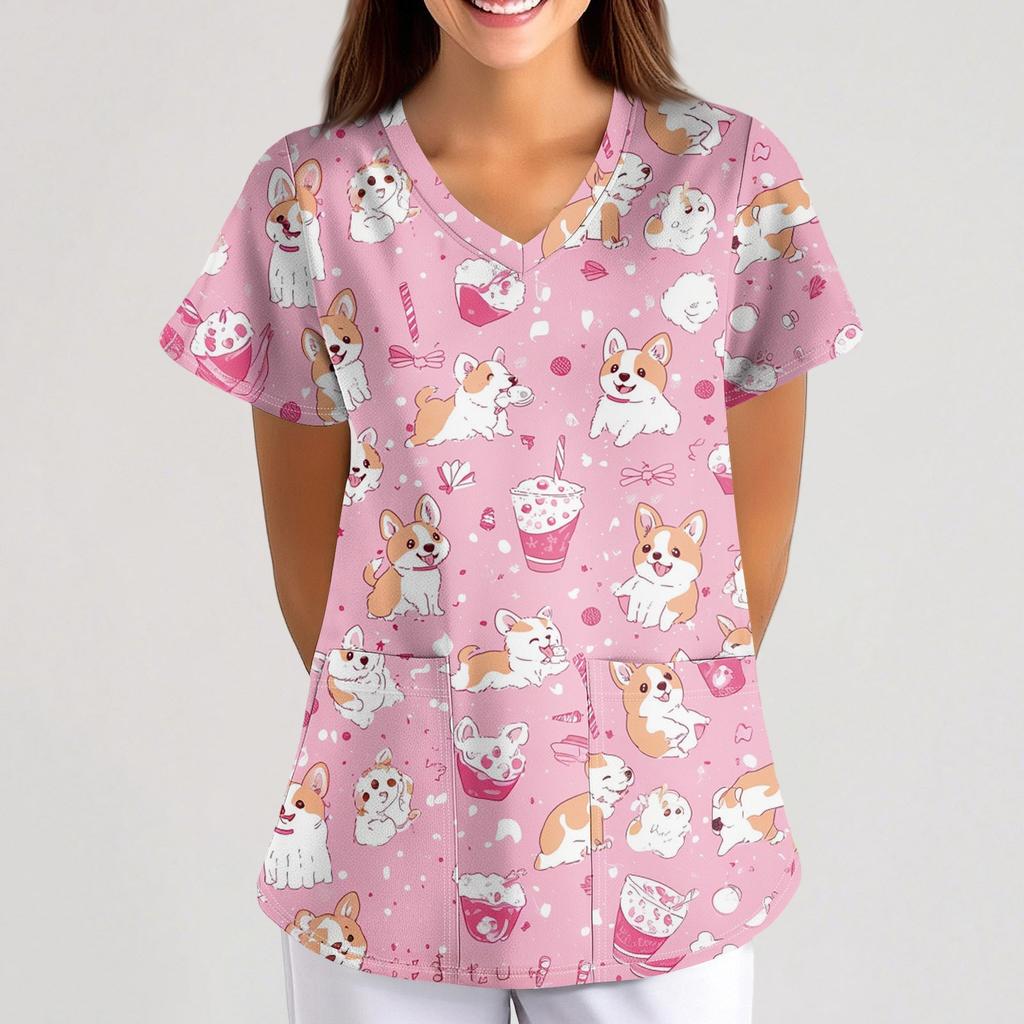 Women's Small Animal Cartoon Print Loose V-neck Pocket Short-sleeved  Uniform  Uniform