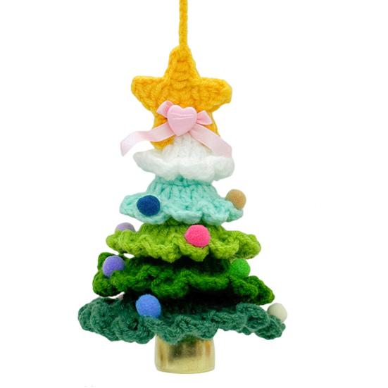 Handmade Knitted Christmas Tree Ornament with Multi-Layered Crochet Design Golden Bells Star Top Pom Pom Decor Holiday Decor