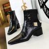 Retro Chunky Pointed Toe Ankle Boots Women Metal Belt Buckle Decoration Middle Heel Knight Boots Winter Warm Women's Shoes