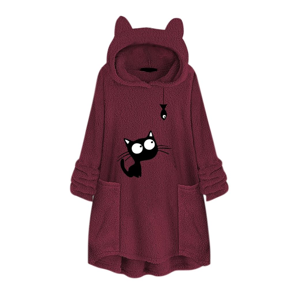 Women Fleece Embroidery Cat Ear Plus Size Hoodie Pocket Top Sweater Blouse