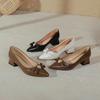 Черные туфли на высоком каблуке с характером, толстый каблук, весенние, большого размера, мягкая кожа, бант, заостренный носок, низкий каблук, туфли