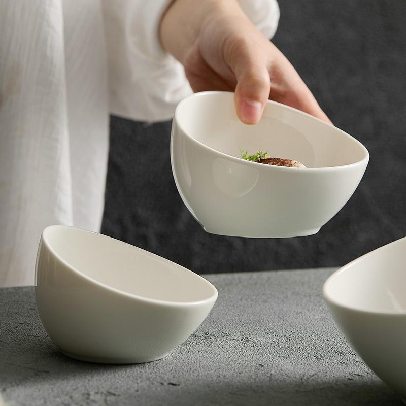 Ceramic Bowl Household Noodle Fruit Salad Premium White Oblique Bowl Sweet Hot Pot Dipping Commercial