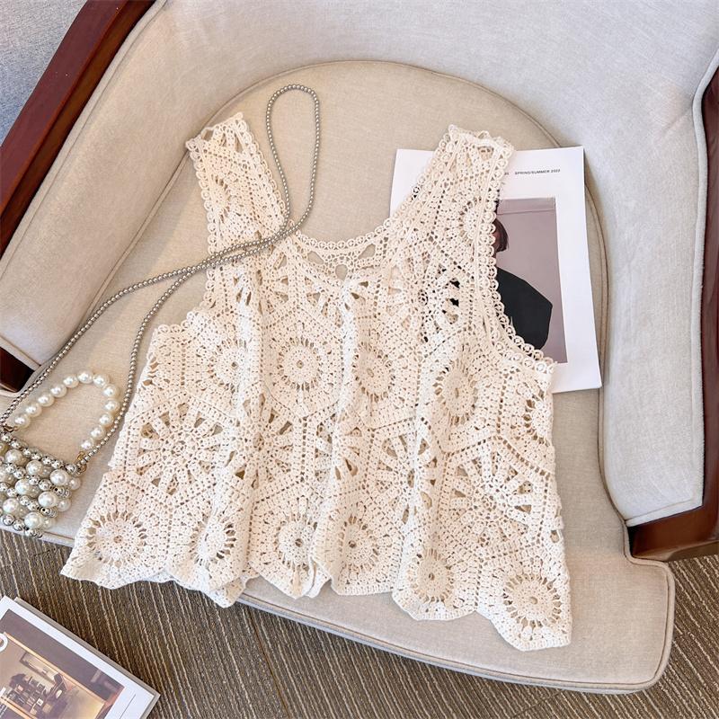 DIMANAF 2025 Новая футболка женская без рукавов вязаный кружевной жилет с круглым вырезом ажурный летний стиль базовые топы футболки свободная одежда